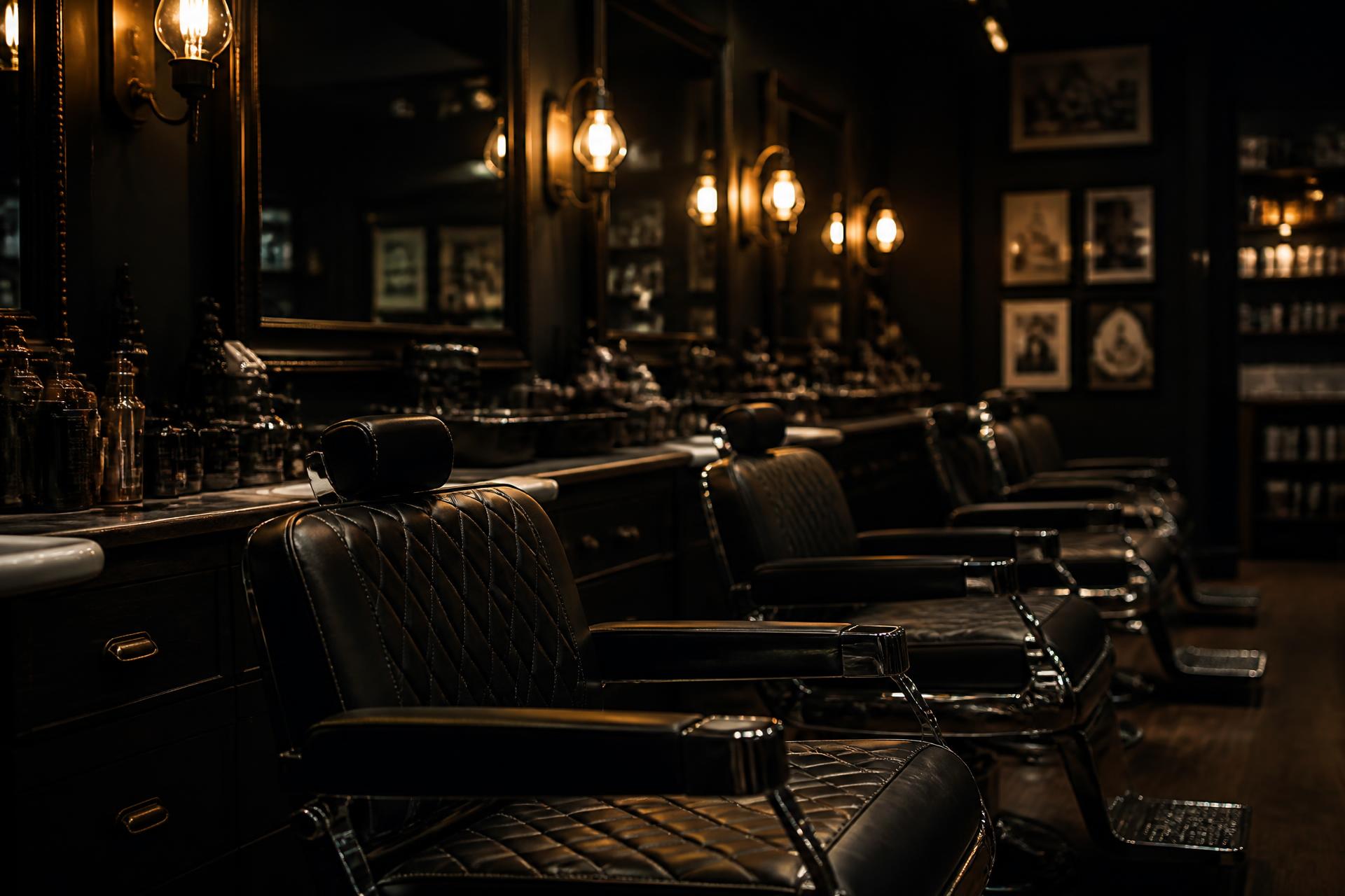 Interior of Fadehouse Barbers with vintage leather chairs and warm lighting